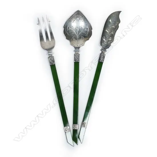 Frank Hyams (Dunedin) silver and nephrite preserve spoon, butter knife and bread fork set,